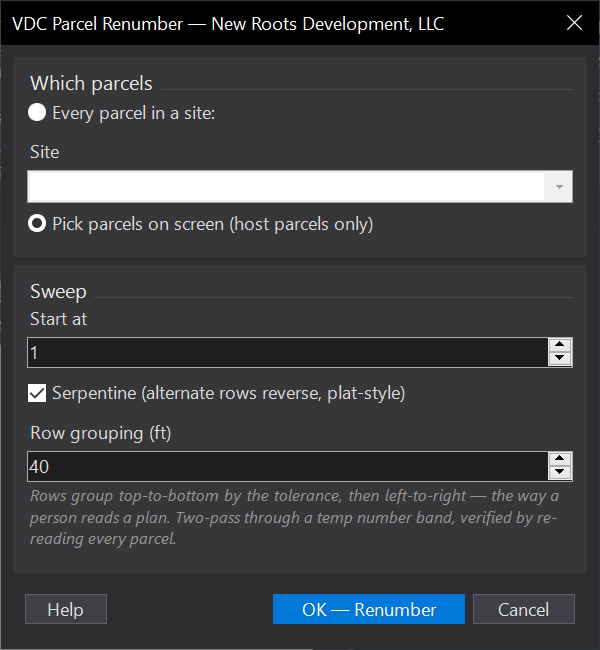 Sweep Renumber Parcels dialog