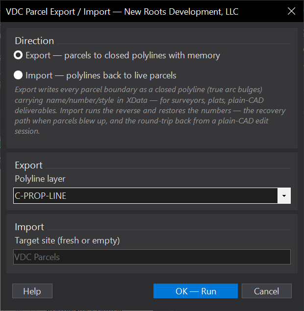 Parcels to Polylines and Back dialog