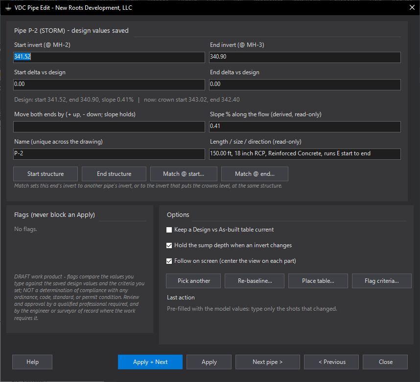 Pipe Quick Edit dialog