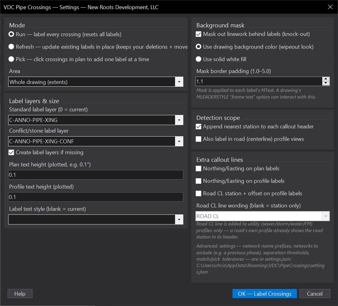 Label Pipe Crossings dialog