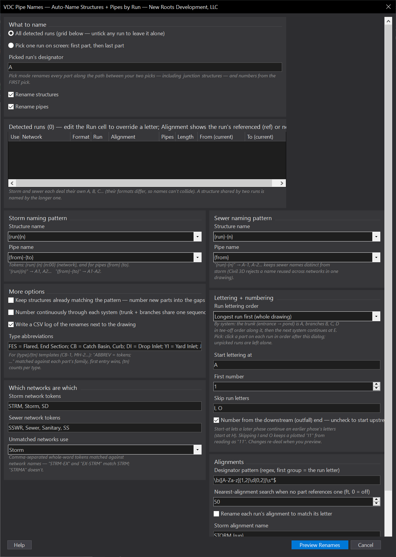 Pipe Names (by run) dialog