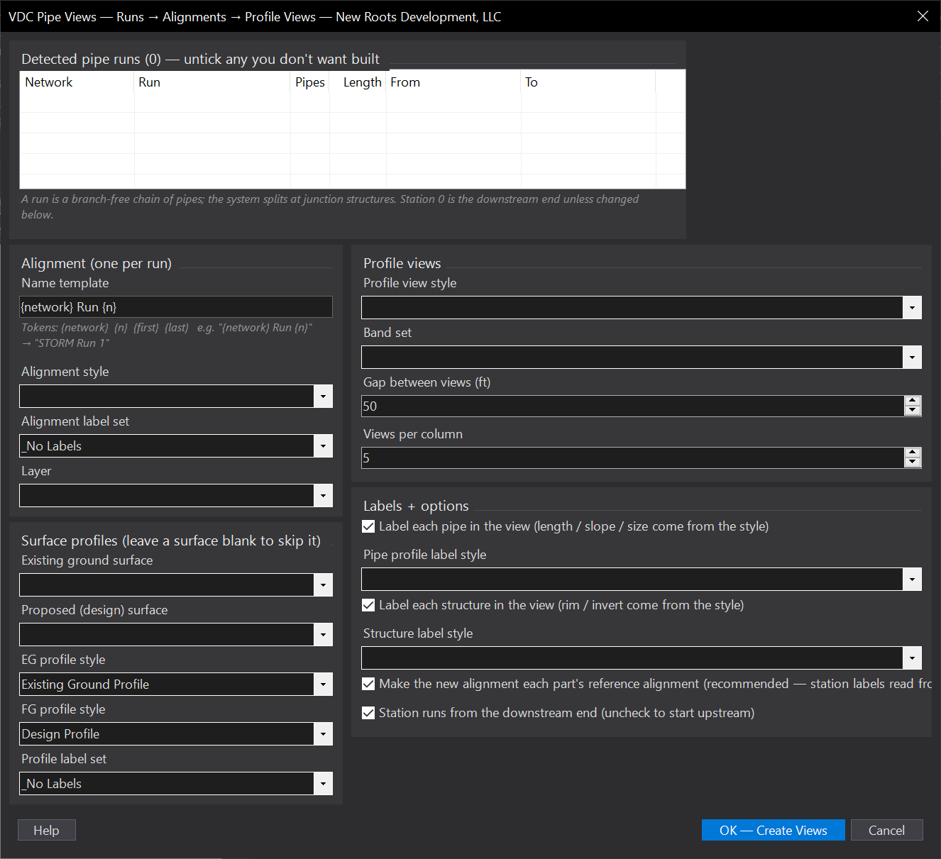 Pipe Views dialog