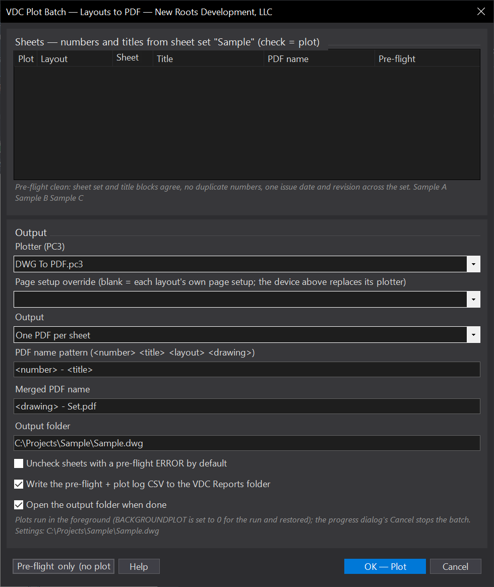 Plot Batch (layouts to named PDFs) dialog