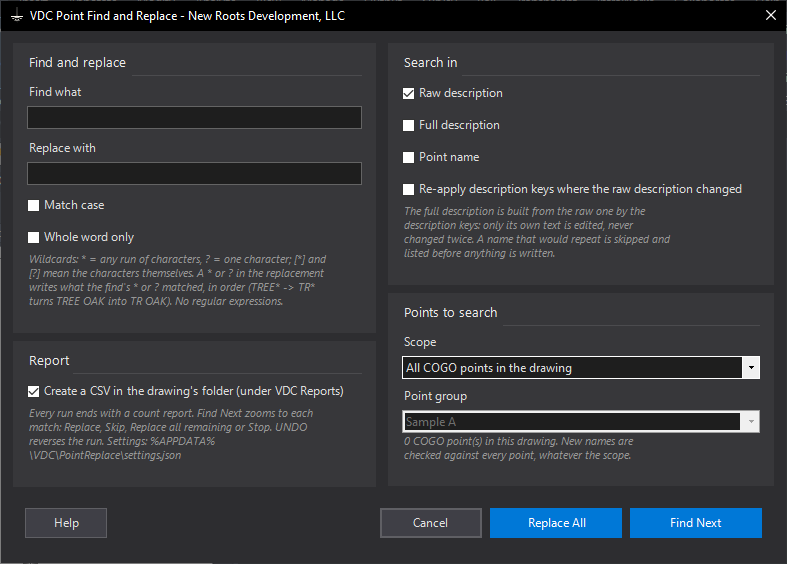 Point Find and Replace dialog