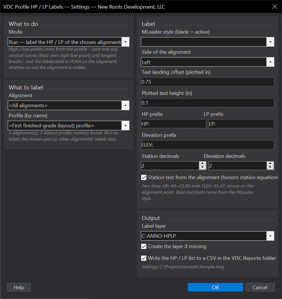 Profile HP / LP Labels (in plan) dialog