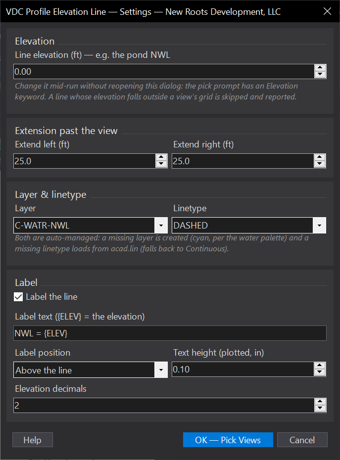 Profile Elevation Line (NWL / BFE / weir) dialog