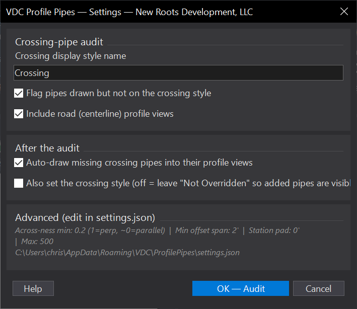 Profile Pipe Crossings QC dialog