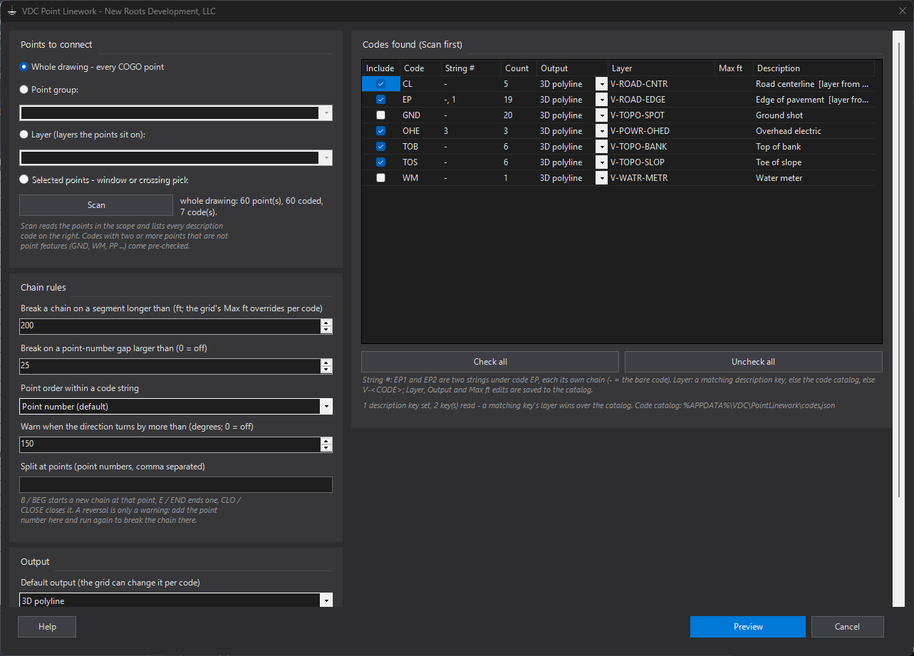 Point Linework (connect coded points, no survey database) dialog