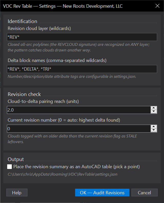 Rev Table dialog