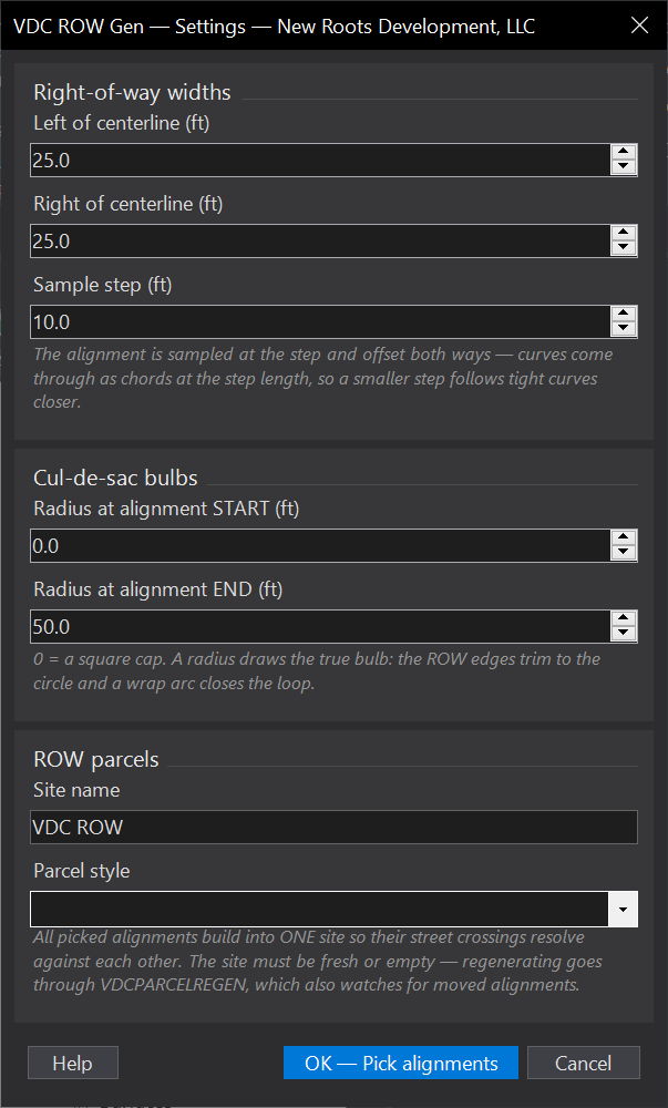 Right-of-Way from Alignments dialog