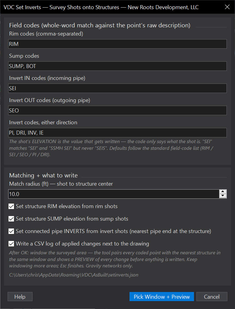 Set Inverts from Survey Points dialog