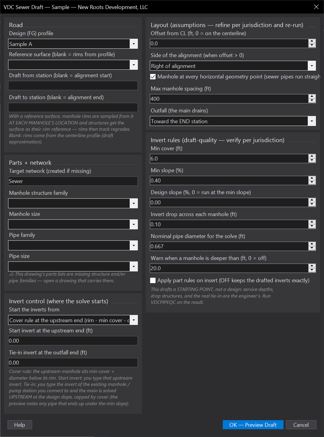 Sewer Draft (starting point) dialog