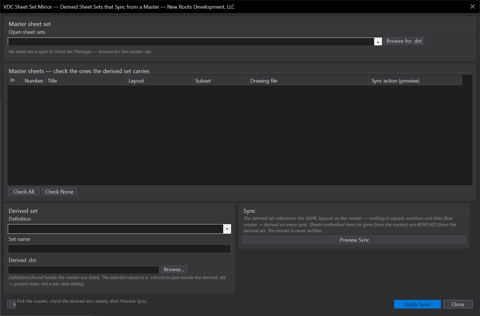 Derived Sheet Sets Synced from a Master dialog