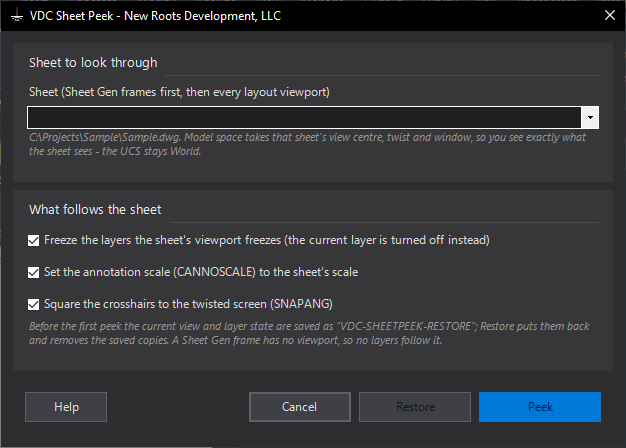 Sheet Peek dialog