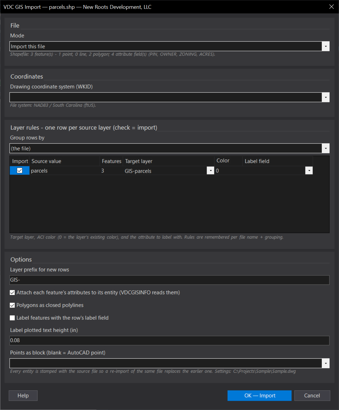 GIS Import (Shapefile / GeoJSON / KML) dialog