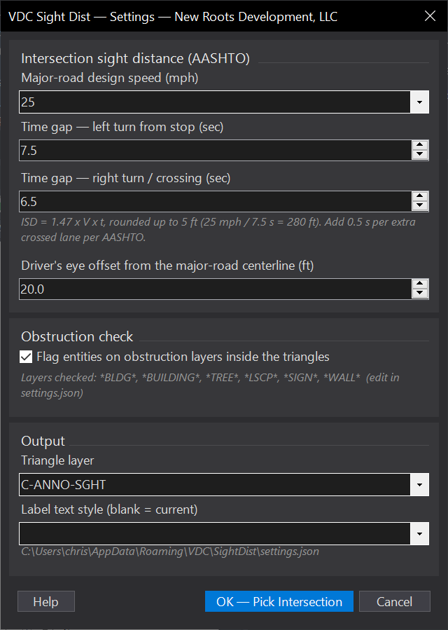 Sight Distance dialog