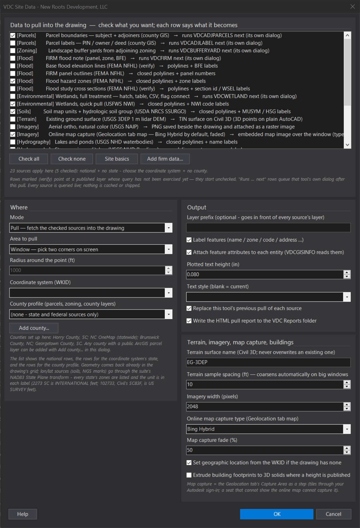 Site Data (pull public GIS into the drawing) dialog