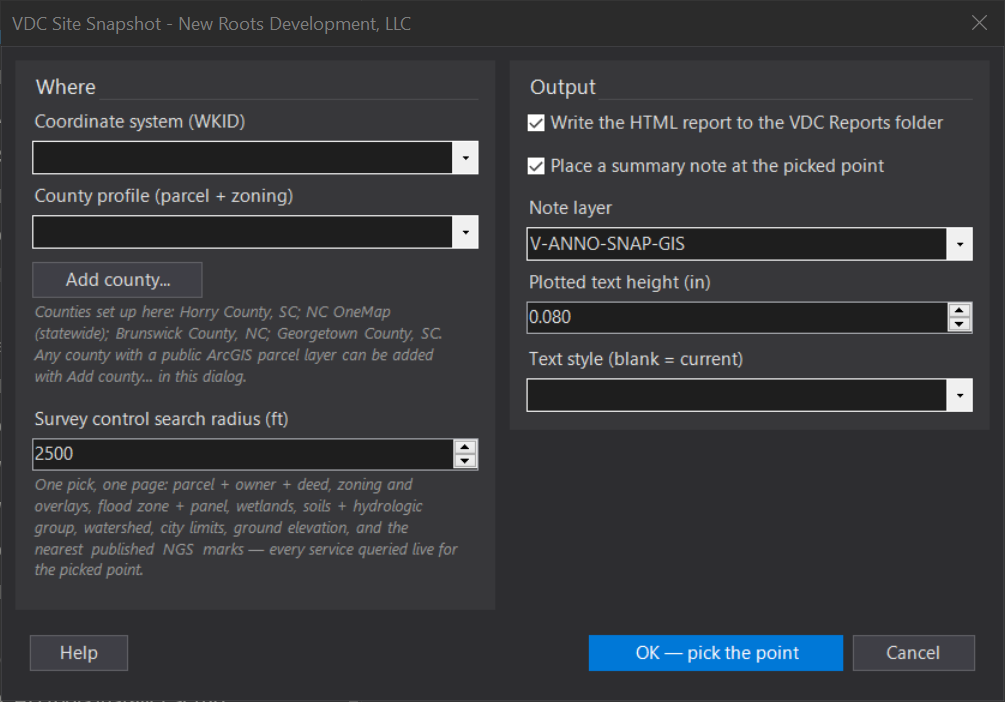 Site Snapshot (one point, one page) dialog
