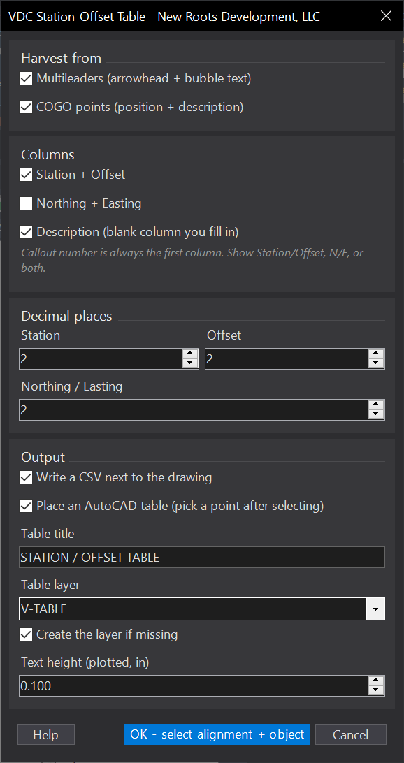 Station-Offset Table dialog