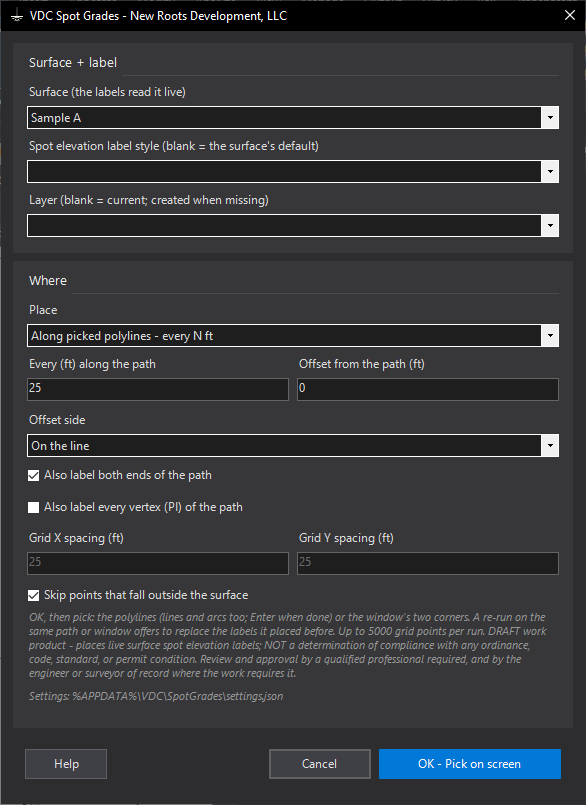 Spot Grades - live spot labels along a path or on a grid dialog