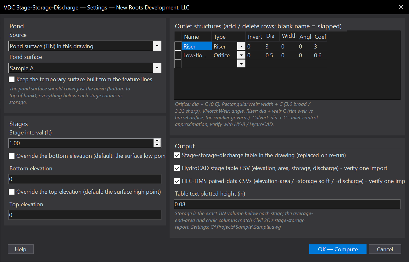 Stage-Storage-Discharge (pond) dialog