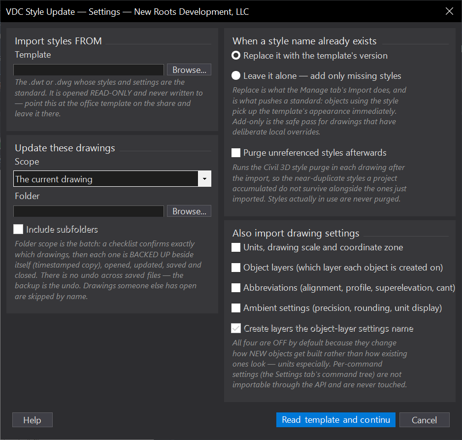 Style Update (batch style + settings import) dialog