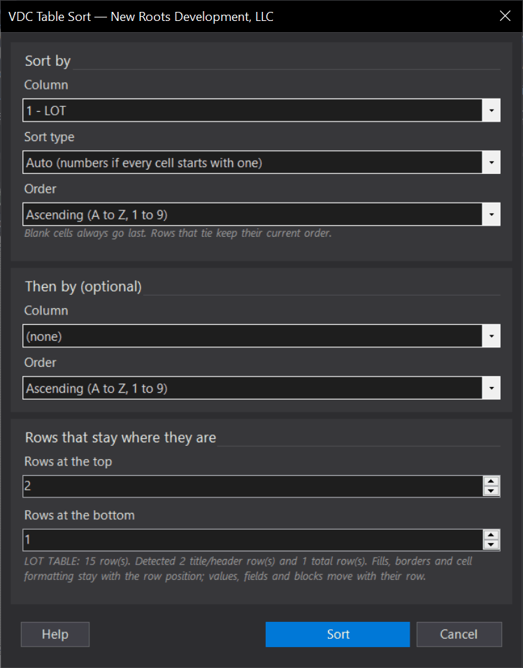 Table Sort dialog