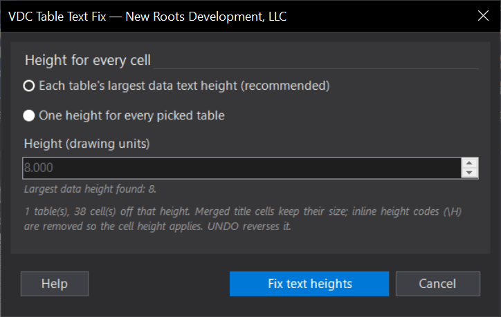 VDCTABLETEXTFIX dialog