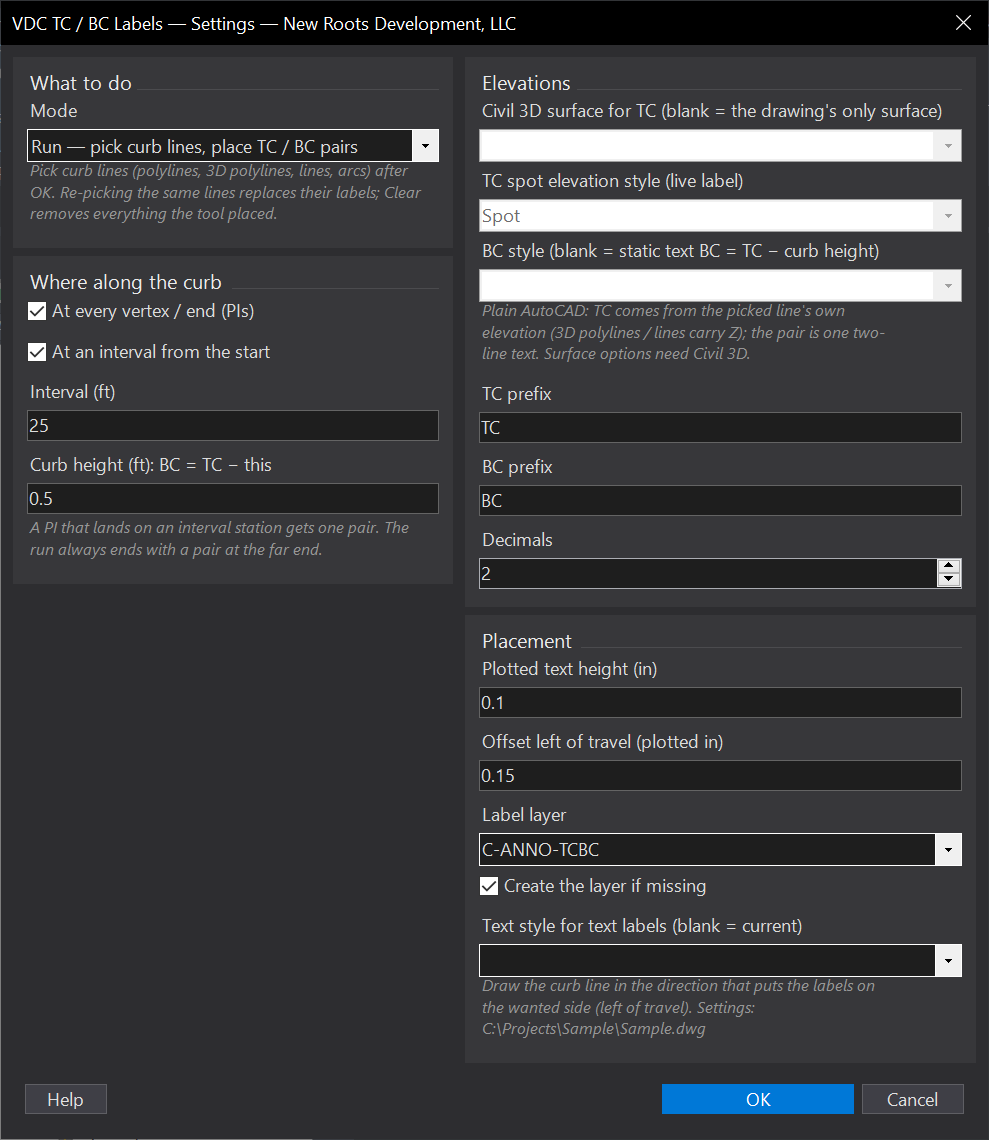TC / BC Labels dialog