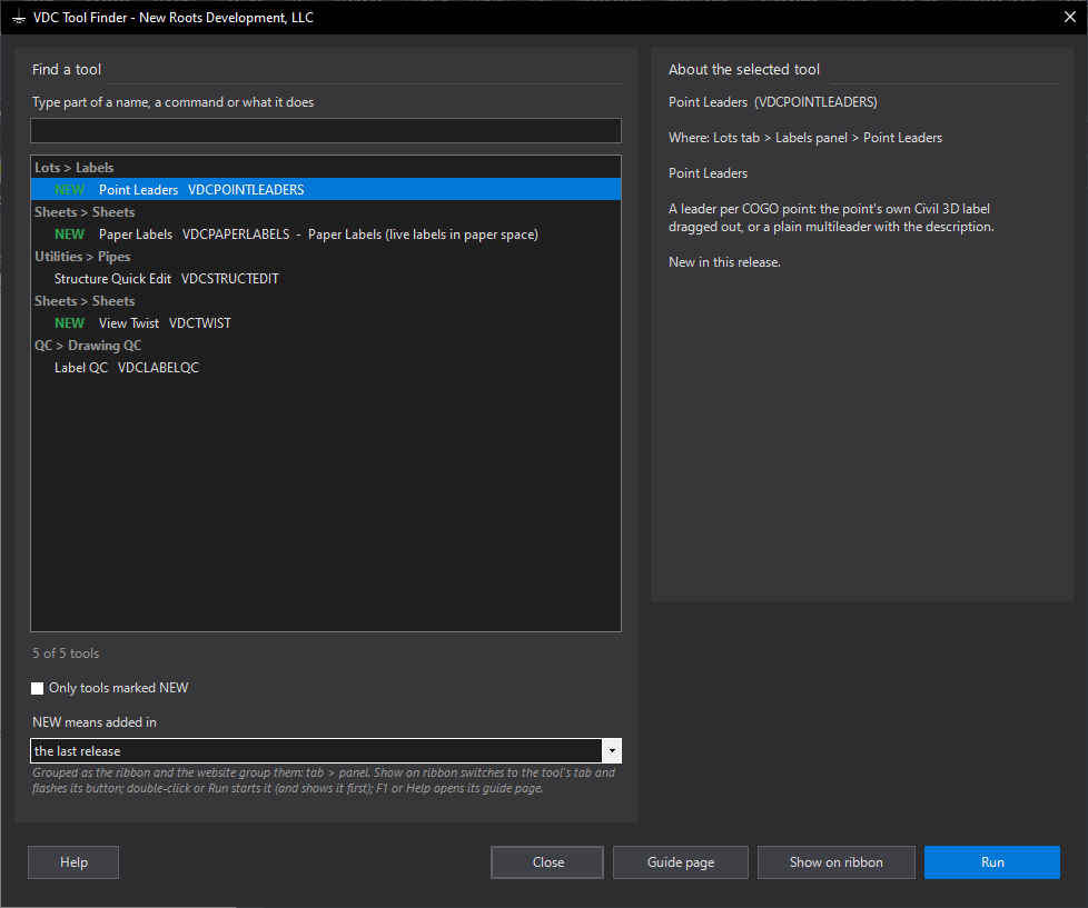 Tool Finder (every VDC command, searchable) dialog