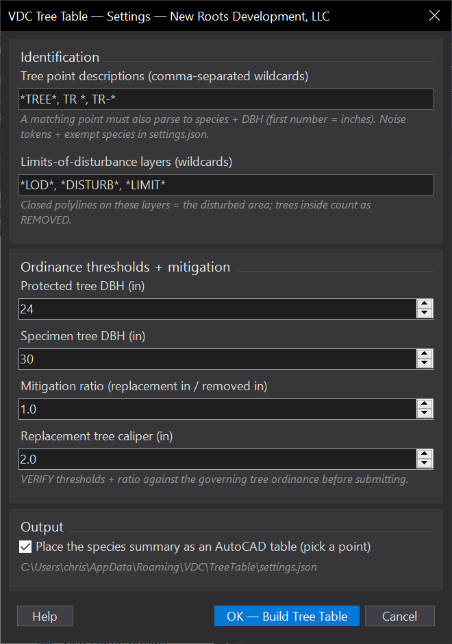 Tree Table dialog