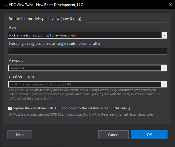 View Twist (rotate model space, UCS stays World) dialog