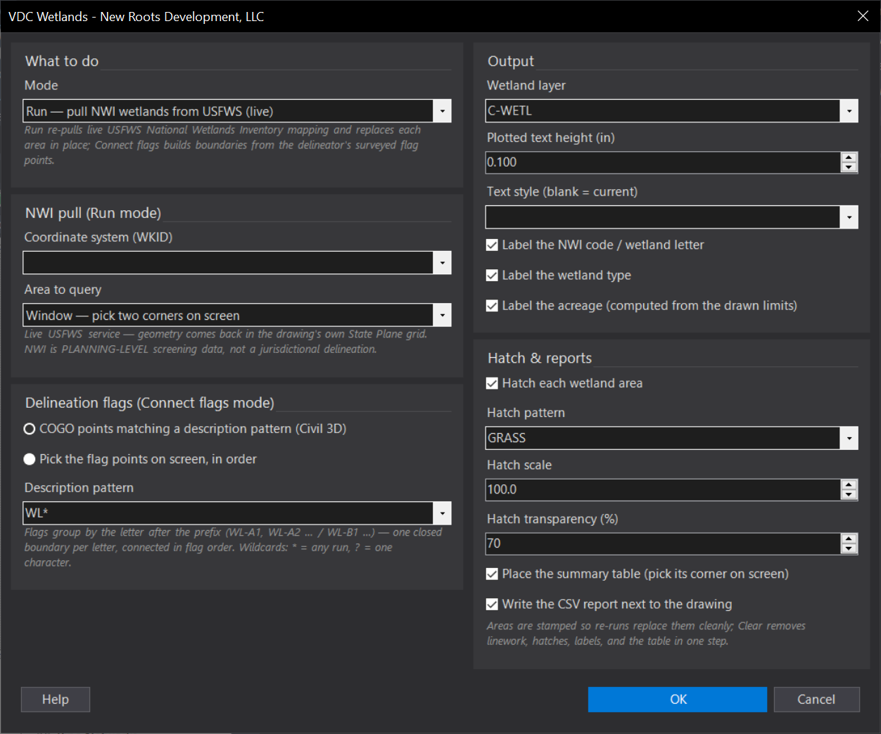 Generate Wetland Areas dialog